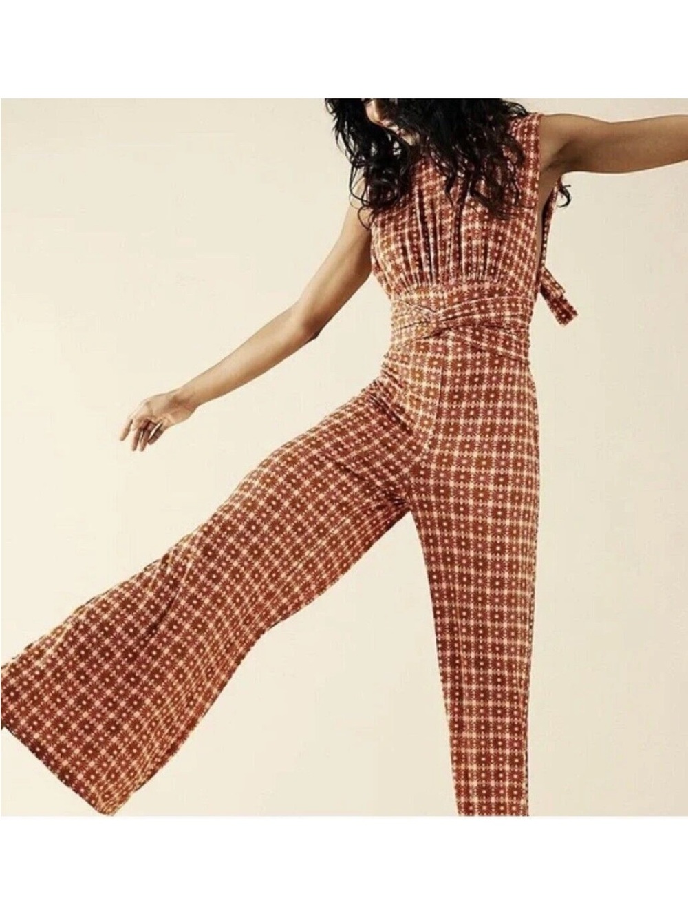 Free People Vibe Check jumpsuit wide leg size small orange red pink